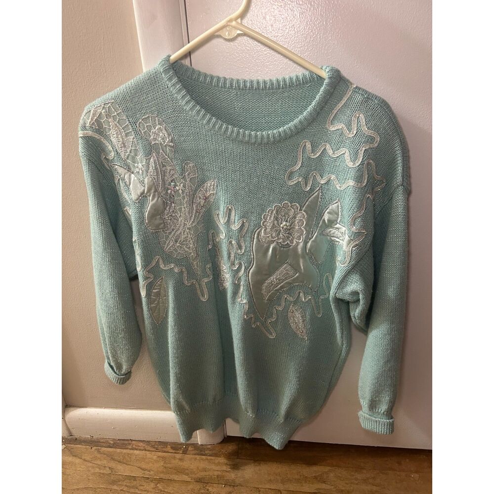 Vintage 90s Pastel Mint Metallic Lurex Sweater Mixed Media Lace Satin Applique